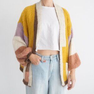 Anthropologie Mustard Colorblock Fuzzy Knit Cardigan Boho Layer One Size